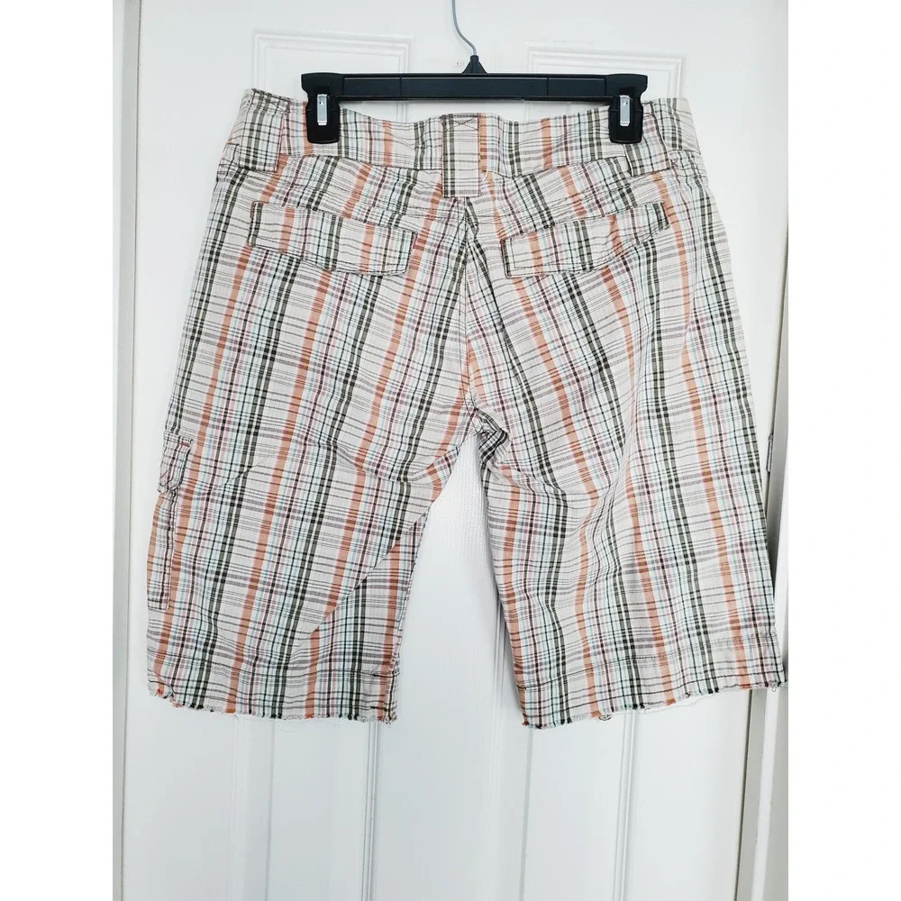 Bermuda Shorts Vintage Y2k Plaid Multicolor‎ Raw Hem Cotton Flap Pocket11